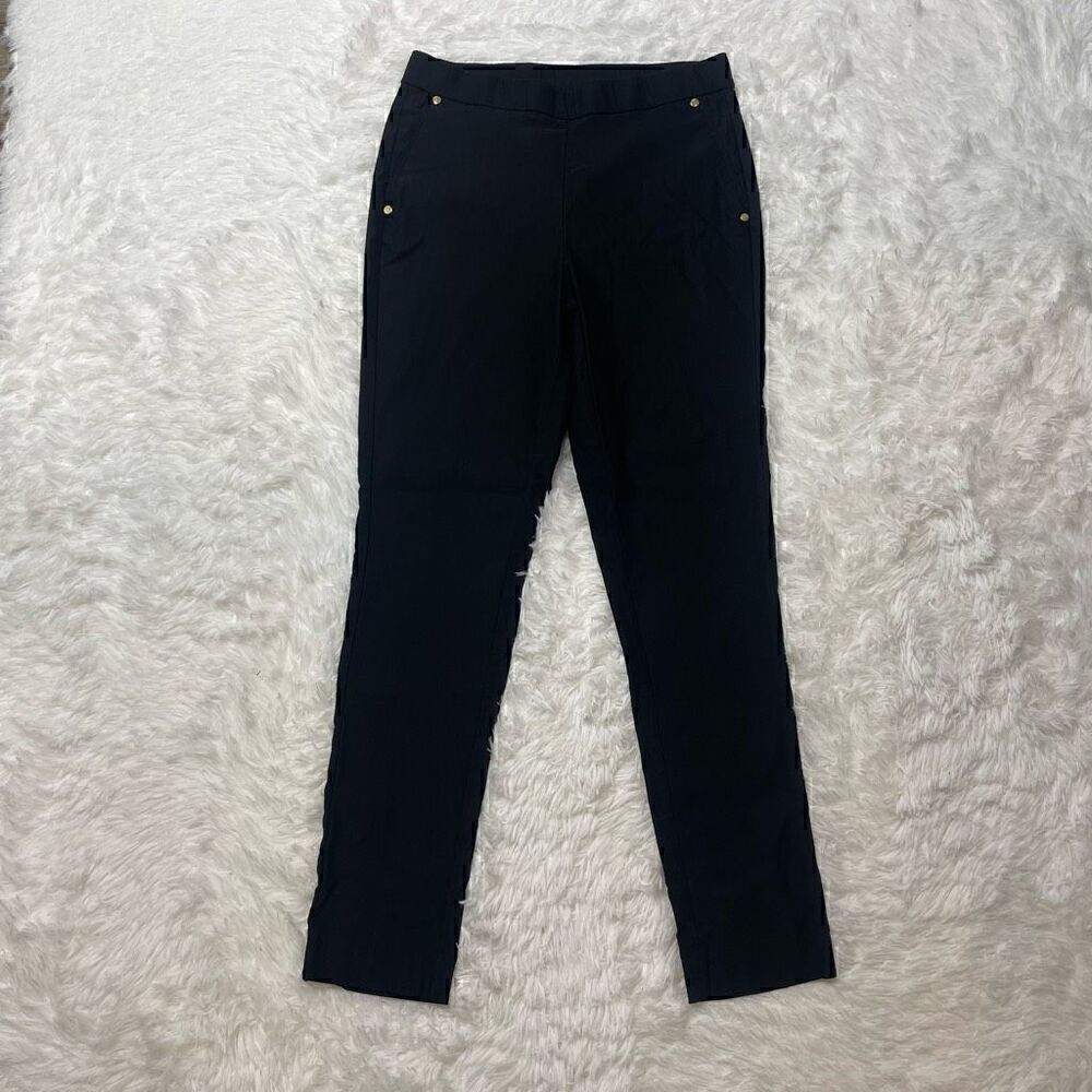 Anne Klein Black Pants Stretch Womens Size Small Skinny Elegant Gold Detail Pock